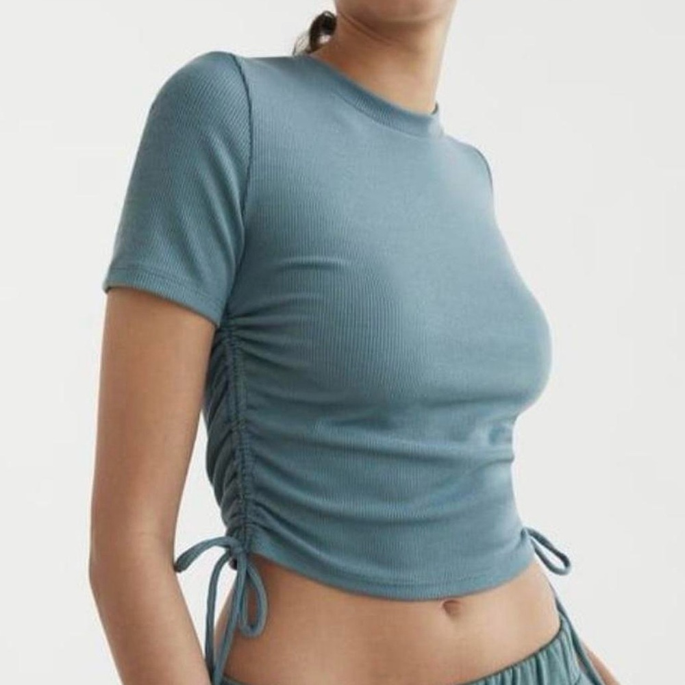 Zara Teal Blue Ruched Drawstring Top